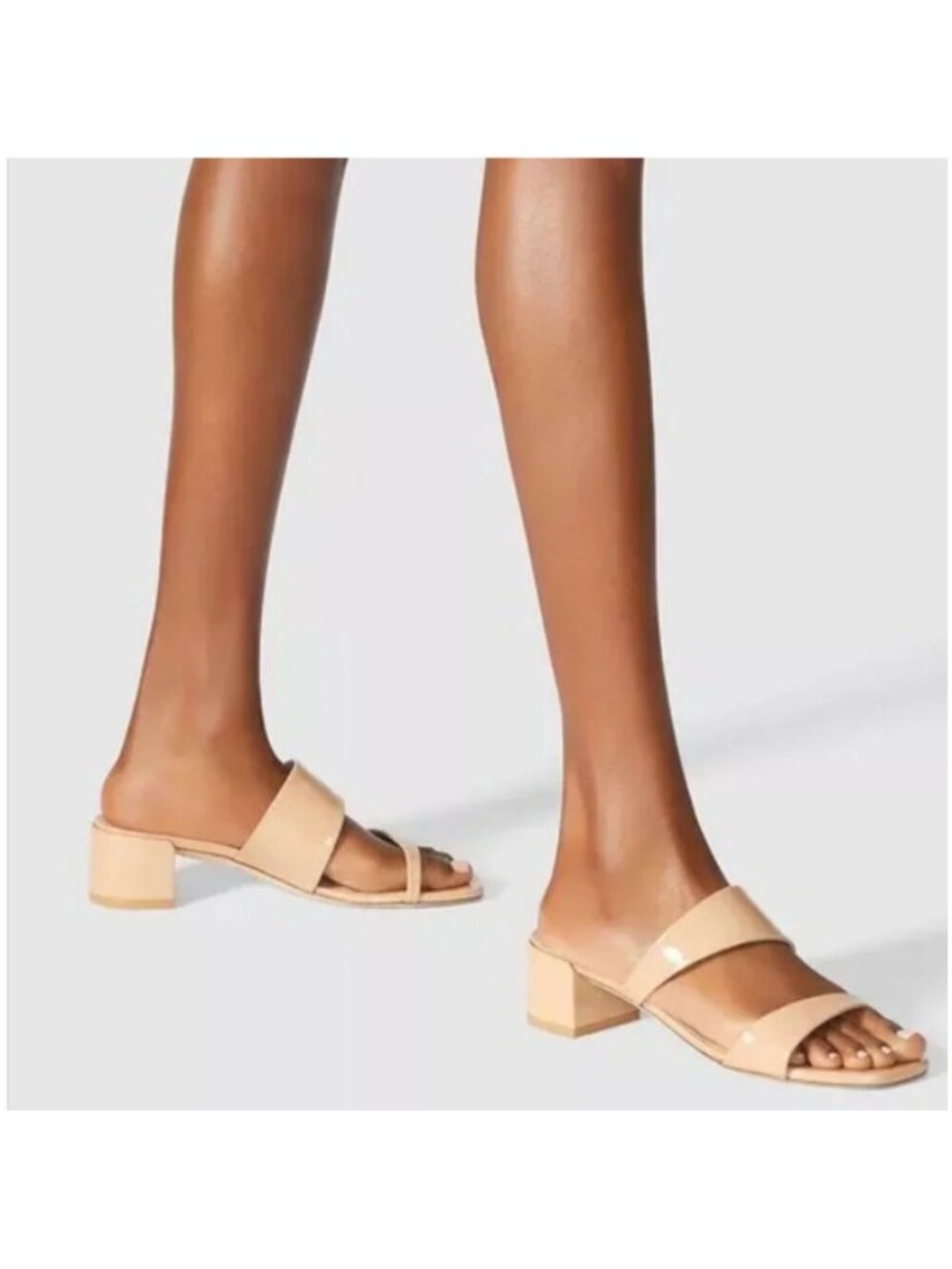 Stuart Weitzman - Miami 35 Patent Leather Mule Sandal Slides in Nude/Beige